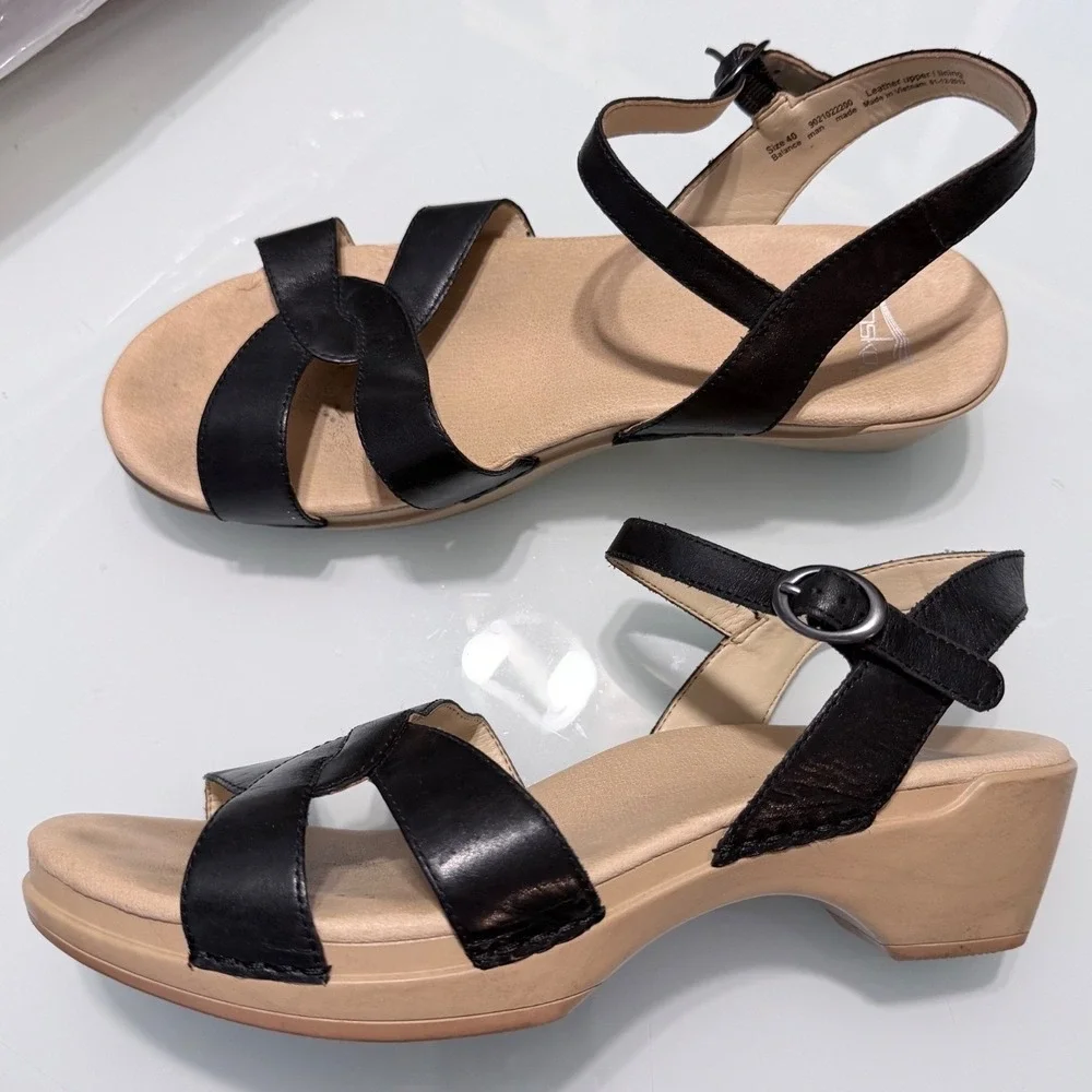 Dansko Black Leather Wedge Sandals